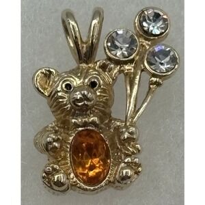 Omega Teddy Bear Pendant with Balloons Gold-Tone with Amber & Clear Rhinestones‎